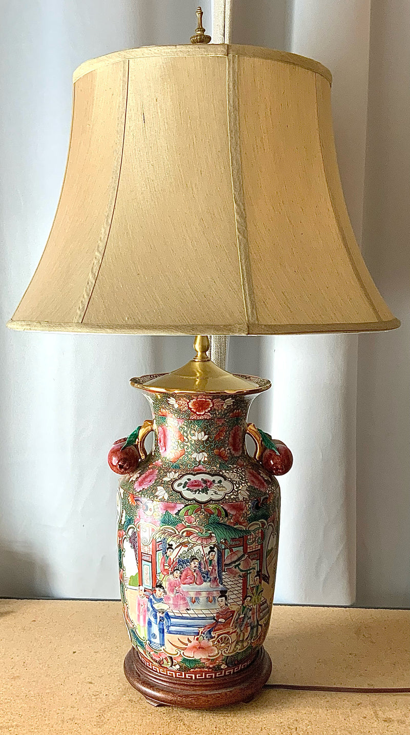 Asian Famille Rose Ceramic Lamp with Silk Shade