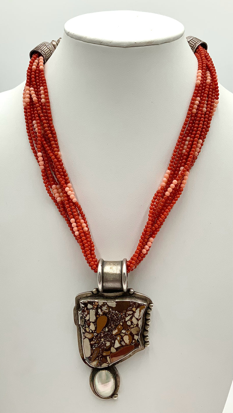 Southwest Style Sterling, Coral, Pearl & Pudding Stone Necklace