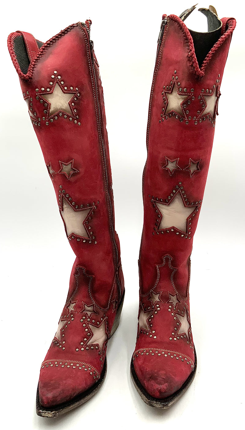 LIBERTY BLACK Red/Cream Studded Accents/ Star Inlay "Ivette" Cowboy Boots 9.5