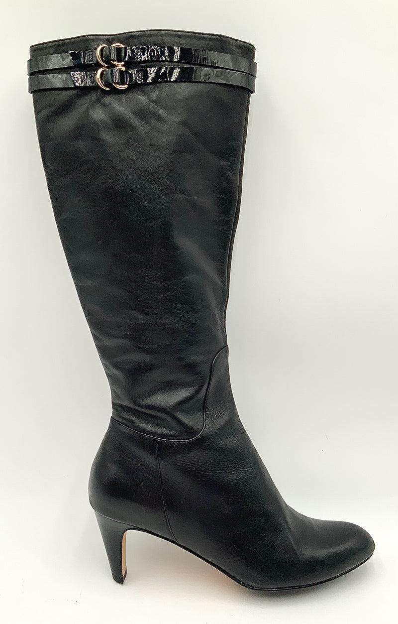 COLE HAAN Black Leather Patent Buckle Tall Boots 8B