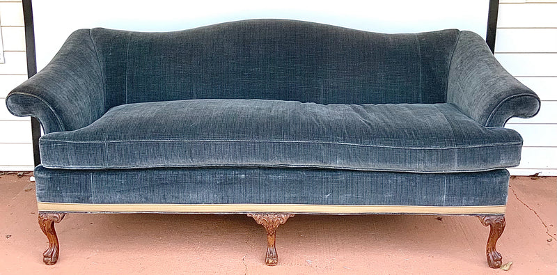 Vintage Camelback Sofa with Slate Blue Upholstery