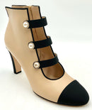 CHANEL Nude Leather Black Grosgrain Ribbon Pearl H/H Booties 41