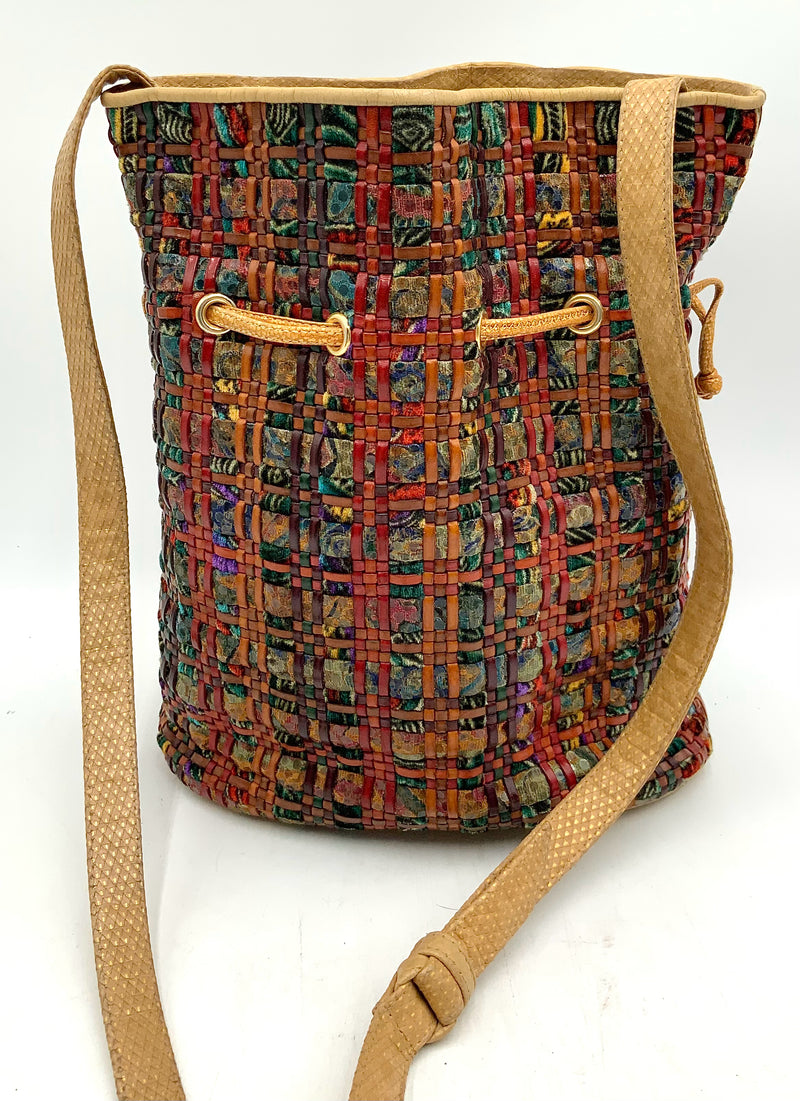 SHARIF Multi Color Woven Lea Drawstring Bucket Handbag