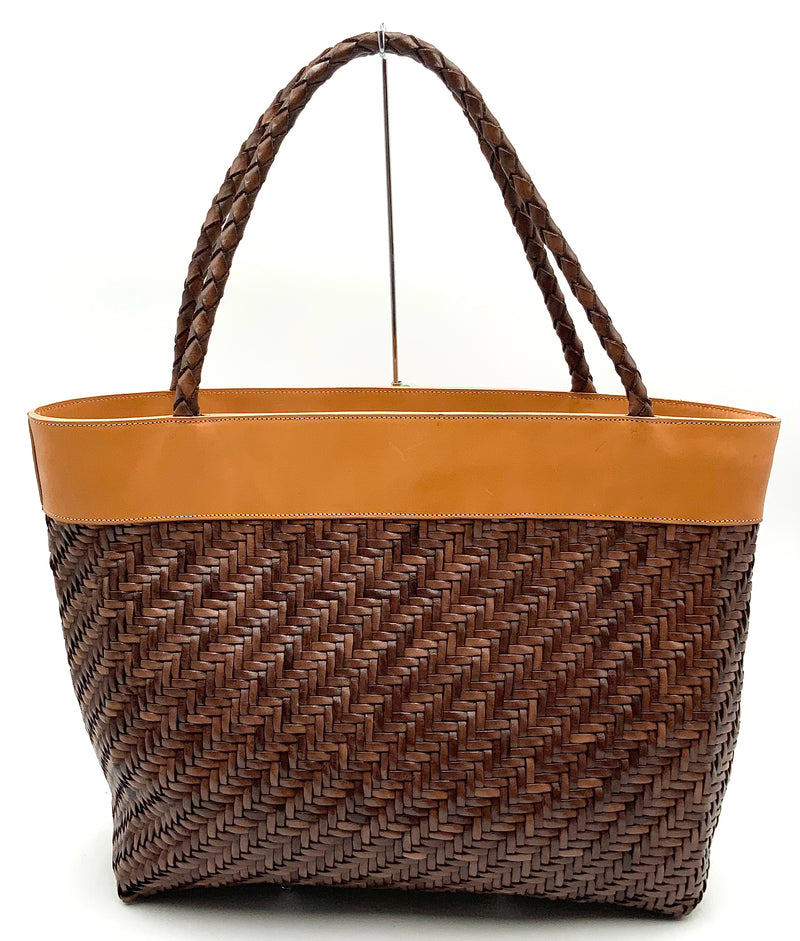 MANUELA GRECO Brown Woven Leather Tan Trim Tote Bag