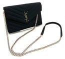 YSL Black Quilted Satin Cassandre Logo Envelope Wallet on Chain Bag