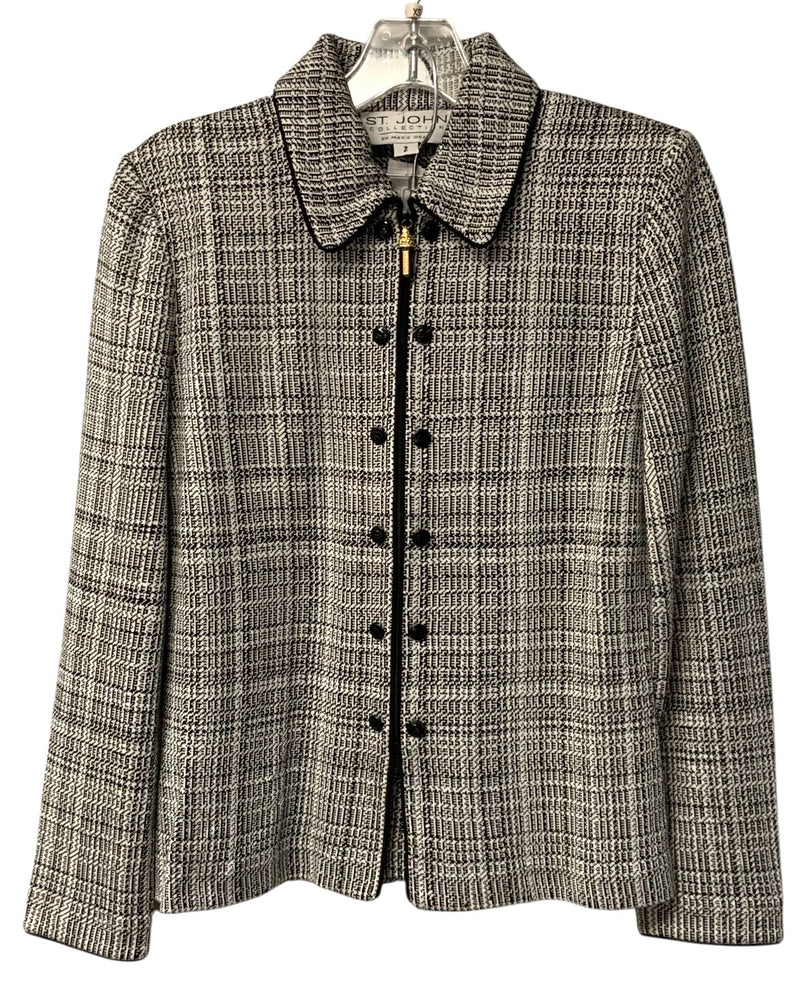 ST JOHN Black White Patterned Knit Zip Jacket & Skirt, 2pc