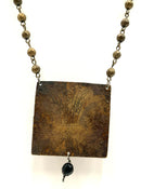 Artisan Brass Tone Beaded Necklace w/Square 3D Pendant