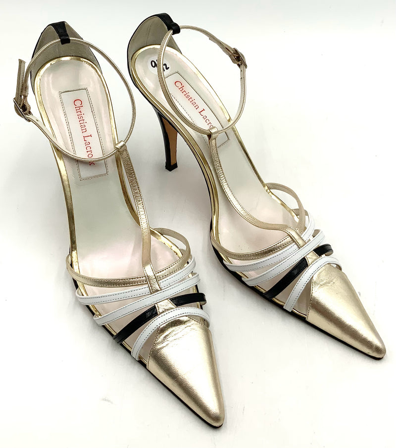 CHRISTIAN LACROIX Gold Metallic Strappy Stiletto T-Strap Pumps 9.5
