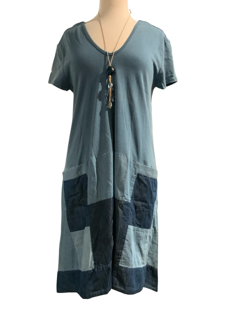 HOLDING HORSES Blue Chambray Patchwork S/S Dress