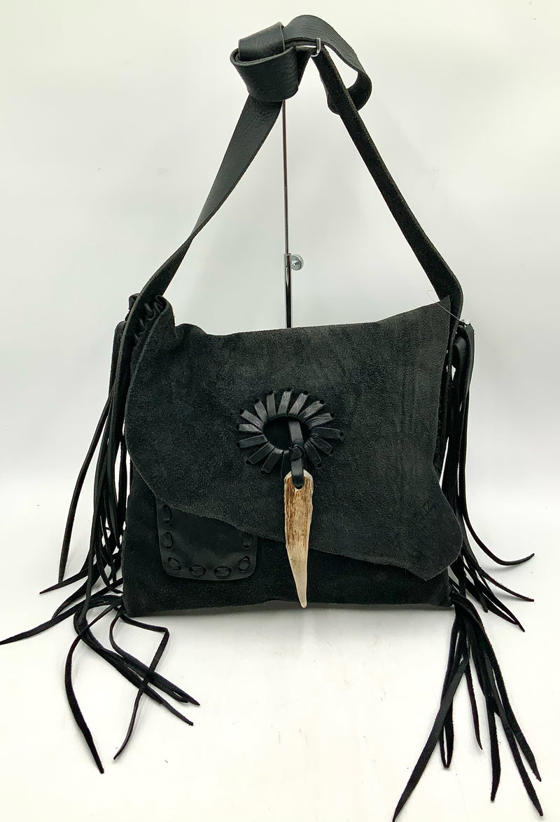 Artisan Black Leather Fringe Antler Closure Flap Bag