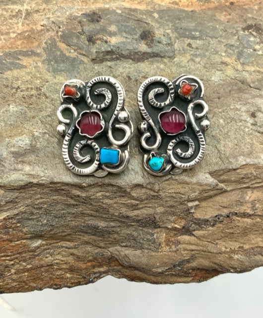 Mexican Sterling , Turquoise, Coral & Amethyst Clip-On Earrings