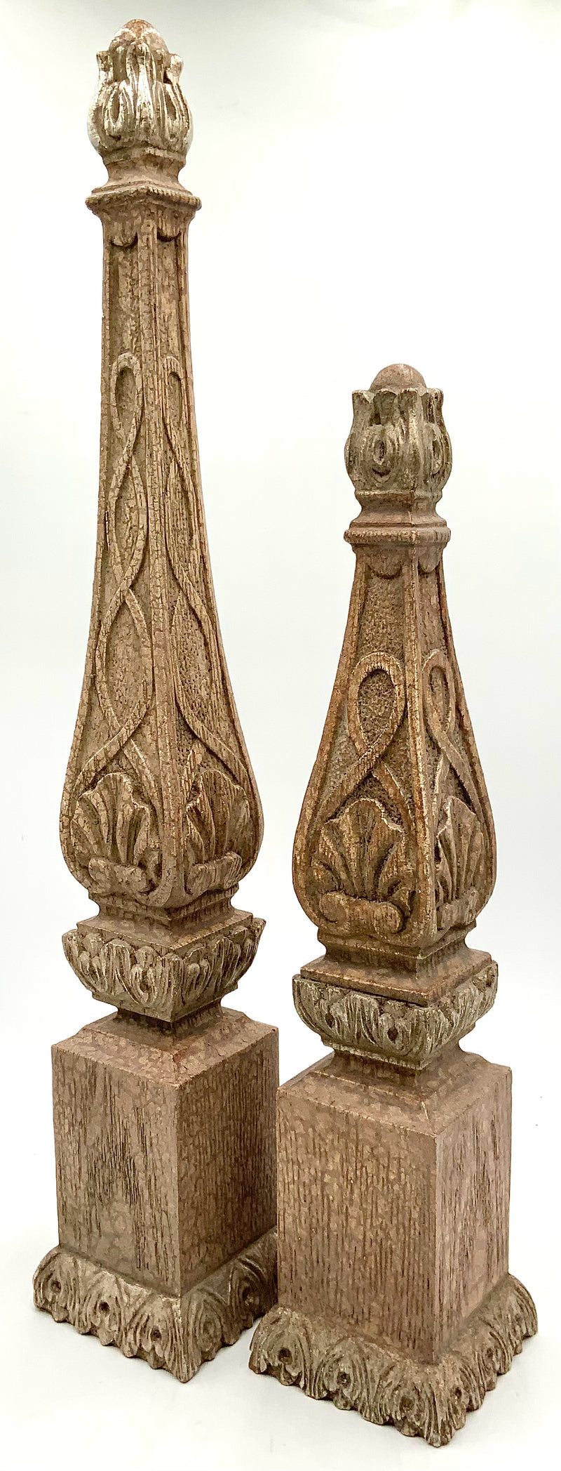 Pair of Wood Look Finials with Craquelure Finish