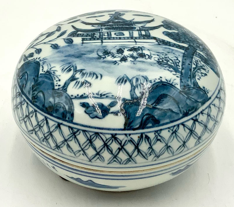 Blue & White Lidded Box with Pagoda Motif