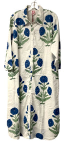 VICTORIA DUNN Blue/White/Green Floral Block Print L/S B/D Ankle Length Dress