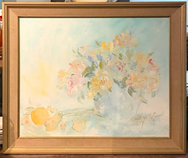 Mid Century Oil on Board of Pastel Flowers