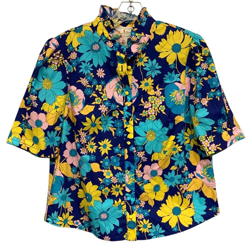 FLORA BEA Blue/Aqua/Yellow/Pink Floral Ruffle Collar S/S B/D Top