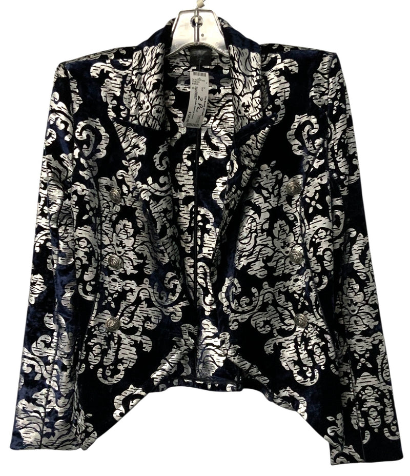 EVA VARRO Navy/Silver Metallic Damask Velvet Skinny Pants & Jacket