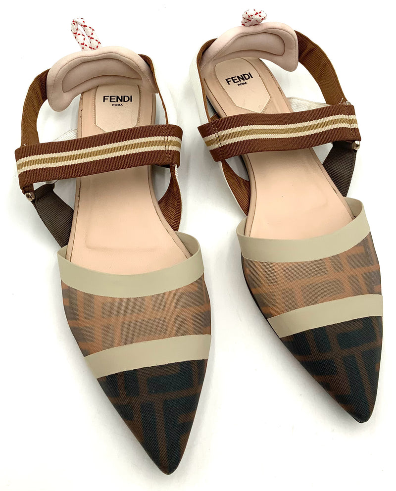 FENDI Beige Brown Zucca Mesh Pointed Toe Slingbacks sz 40