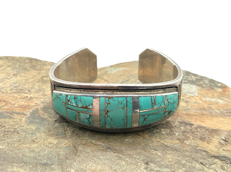 NAVAJO Julius Burbank Sterling & Turquoise Inlay Cuff Bracelet