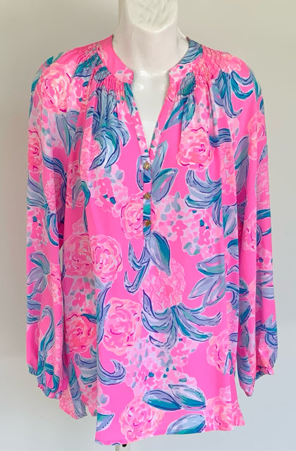 LILLY PULITZER Pink Blue Pinking Positive Silk Elsa Top