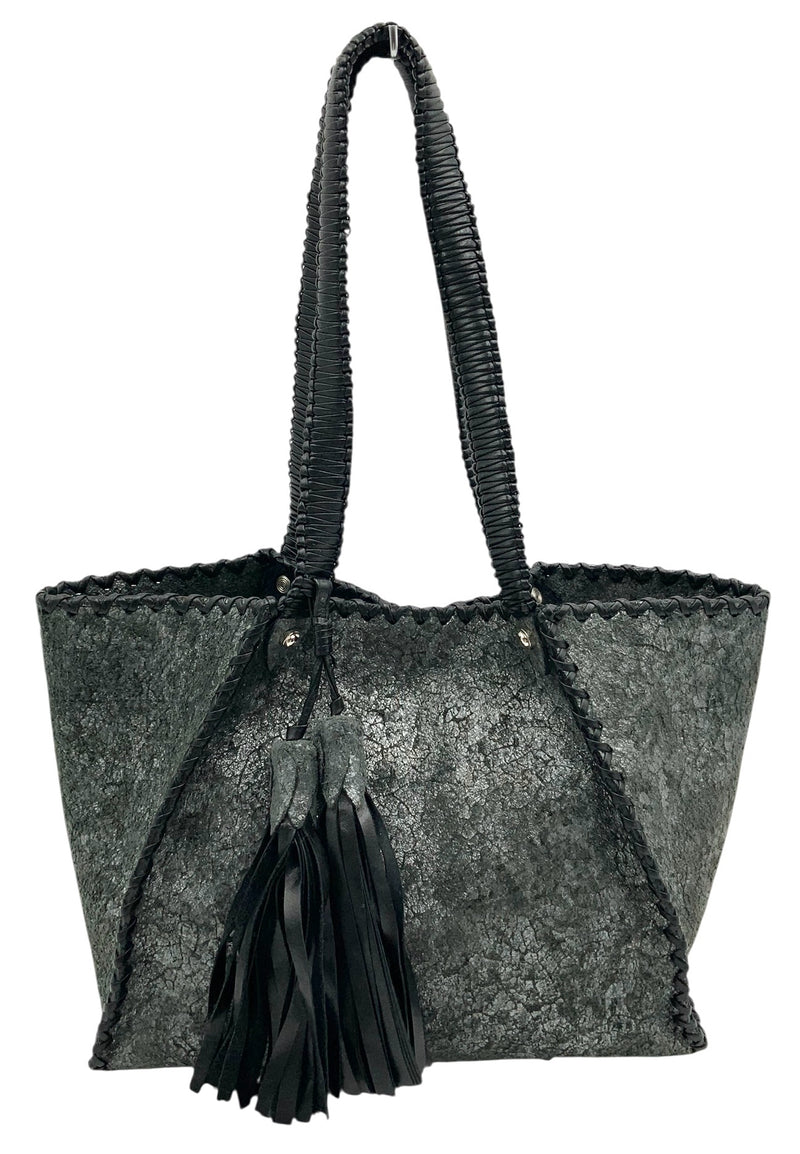 ANTHONY LUCIANO NY Black Silver Metallic Leather Tassel Accent Aviela Tote Bag