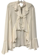 CINQ A SEPT Ivory w/Ruffle Detail & Keyhole Neck Bell Sleeve Silk Top
