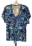 HALE BOB Blue/Aqua/Brown Floral Tie Waist V-Neck S/S Top