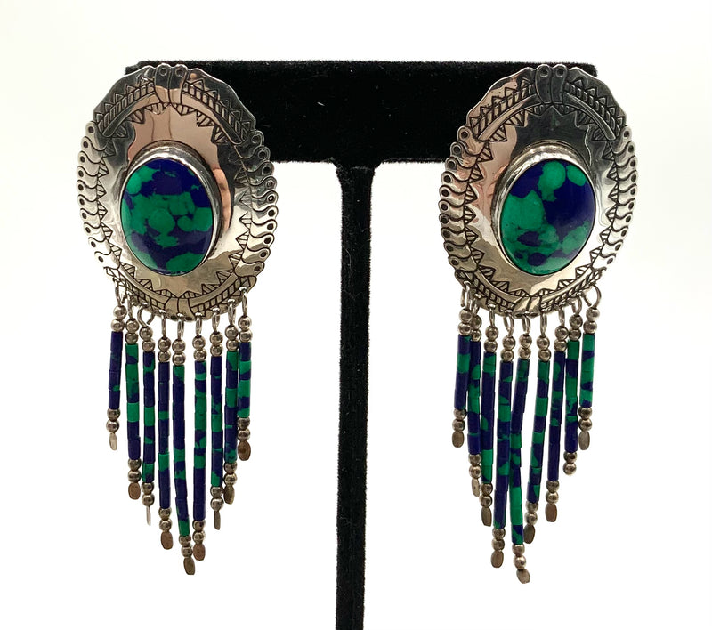 Southwest Style Sterling & Azurite Concho Style Fringe Earrings