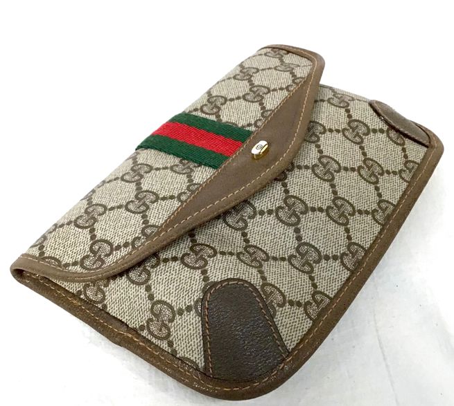 GUCCI Vintage GG Monogram Red Green Stripe Envelope Pouch