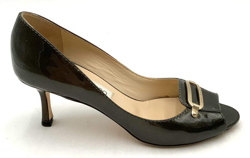 JIMMY CHOO Green Pearl Patent Lea Logo Buckle O/T Iona Pumps 38.5
