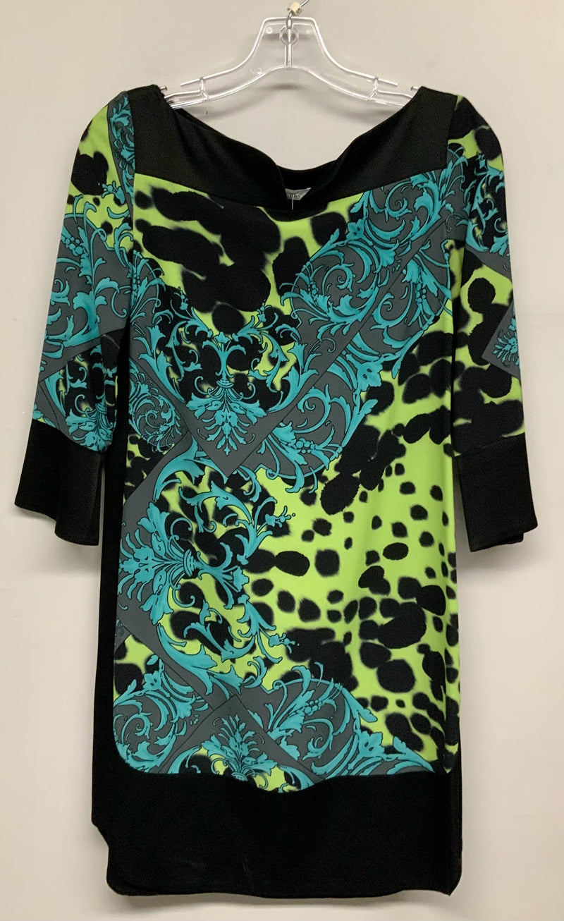 VERSACE Black Lime Teal Patterned Boatneck 3/4 Slv Dress