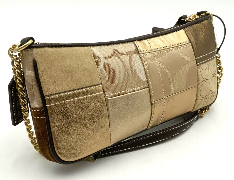 COACH Vintage Gold Leather Brown Suede Sigtaure Patchwork Demi Chain Bag