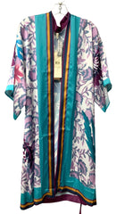 GOTTEX Turq/Lavender/White Floral Belted Kimono Sleeve Duster
