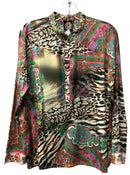 JOHNNY WAS Pink/Green Paisley & Animal Print "Audrey"  Silk Top