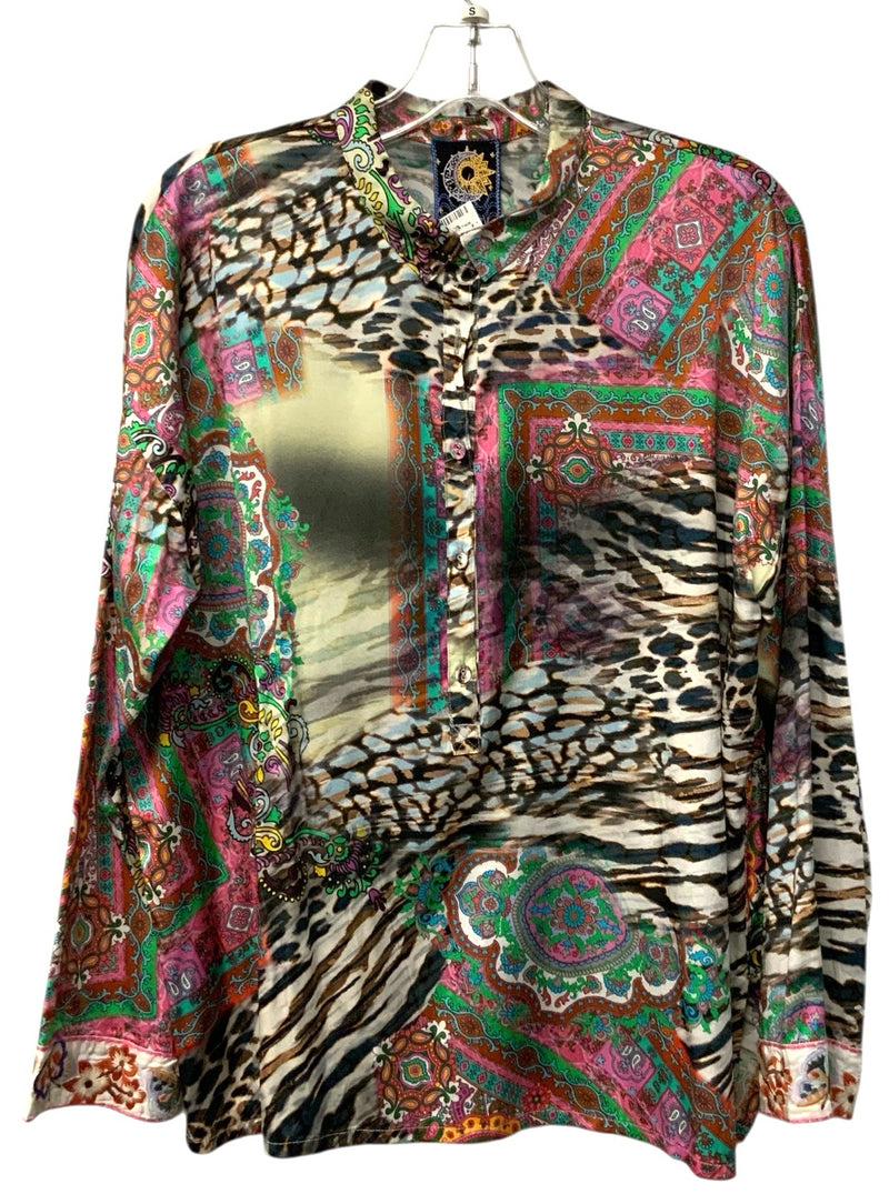 JOHNNY WAS Pink/Green Paisley & Animal Print "Audrey"  Silk Top