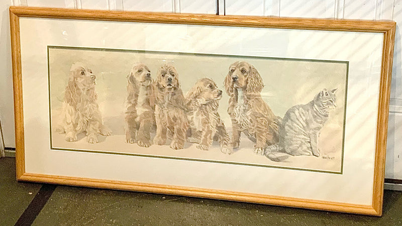 Vintage Signed Colored Pencil of Spaniels with Cat