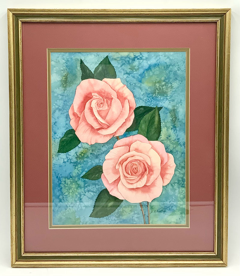 Signed Watercolor of Pink Roses in Gold Frame