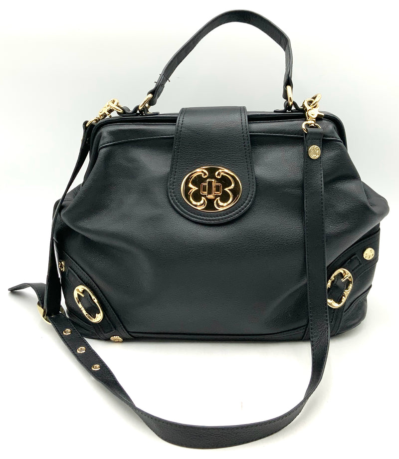 EMMA FOX Black Leather Top Handle Turnlock Satchel