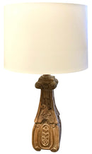 Carved Wood Lamp with Drum Shade