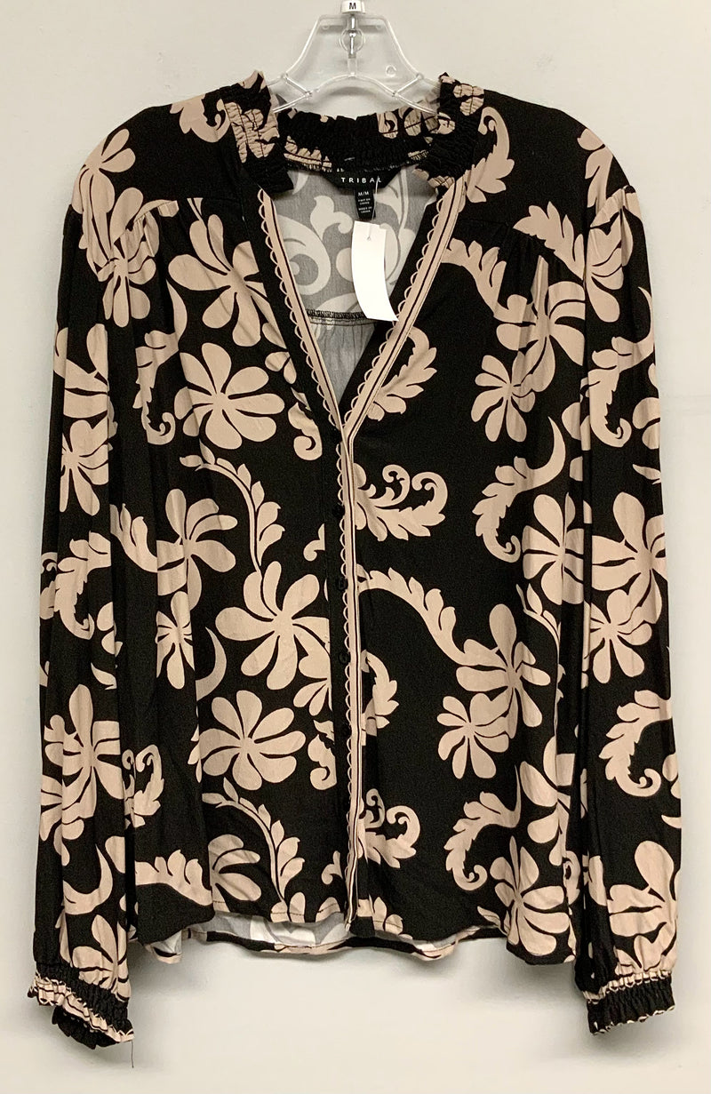 TRIBAL Black/Tan Floral V-Neck L/S B/D Top