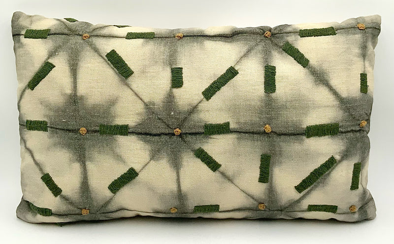 Lumbar Throw Pillow with Green Crewel Design