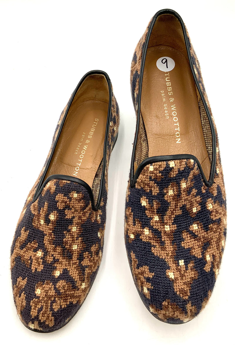 STUBBS  & WOOTTON Black/Brown Needlepoint  Reef Coral Pattern Flats 9