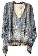 ANALILI Blue/Navy/Rust/White Floral V-Neck Kimono Sleeve Top