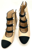 CHANEL Nude Leather Black Grosgrain Ribbon Pearl H/H Booties 41