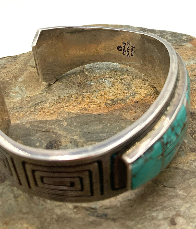 NAVAJO Julius Burbank Sterling & Turquoise Inlay Cuff Bracelet