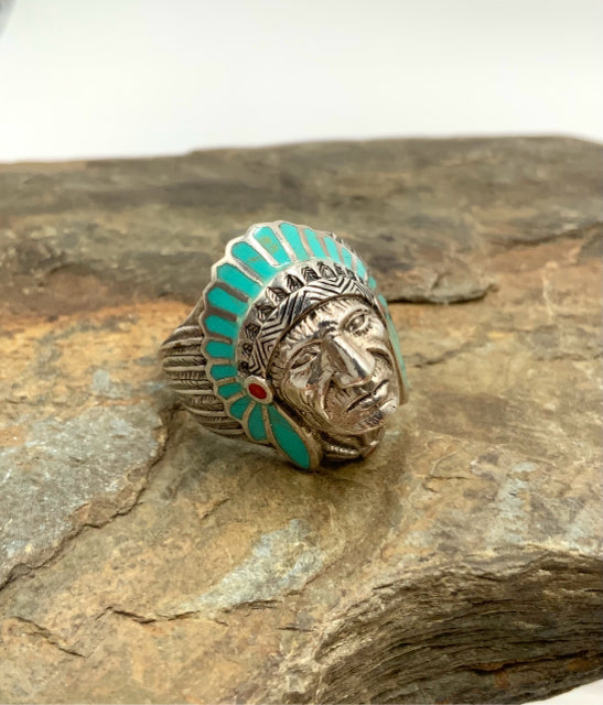 Sterling & Enamel Native American Chief Motif Ring