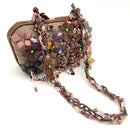 MARY FRANCES Vintage Brown Pink Tan Suede Floral Purple Bead Pearl Fringe Bag