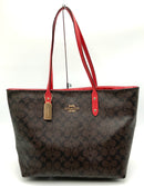 COACH Brown Signature Print Red Leather Town Tote Bag