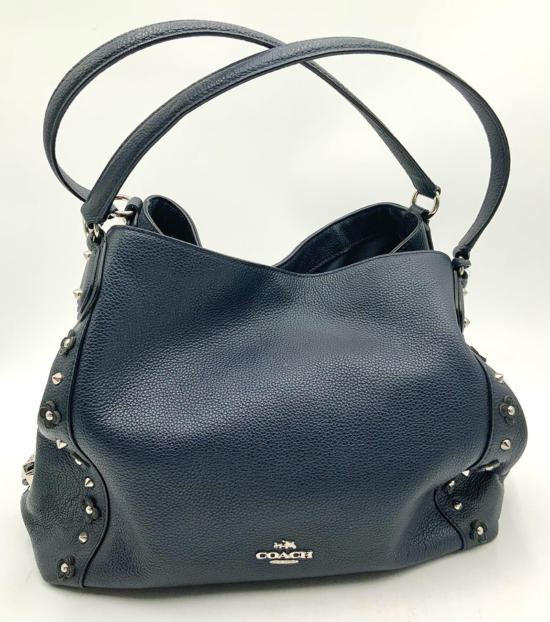 COACH Navy Pebbled Leather Black Floral Studded Evie 31 Shoulder Bag