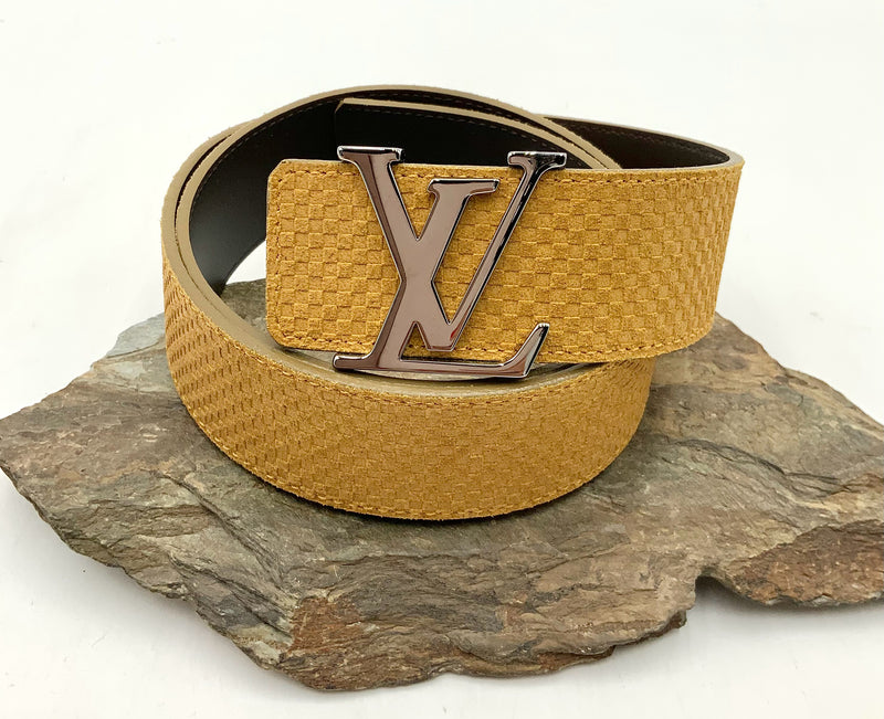 LOUIS VUITTON Mustard Suede Mini Damier Silvertone Buckle Initiales Belt 90cm
